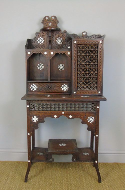 Antique Inlaid Syrian Hardwood Side Cabinet Mother of Pearl 19th Century