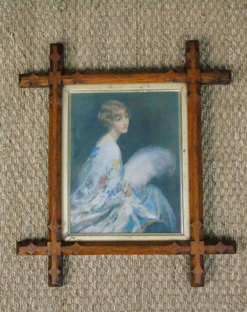19th Century Cruciform Oak Framed Print Lady with Fan