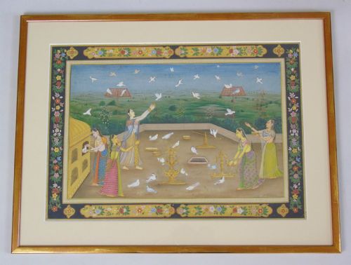 Antique Indian Gouache Painting Feeding Doves Rajasthan 19th Century