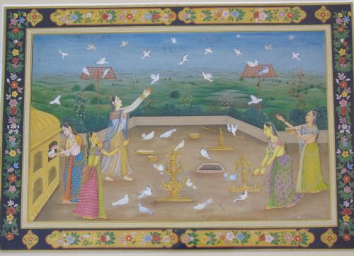 fig 1. Antique Indian Gouache Painting Feeding Doves Rajasthan 19th Century