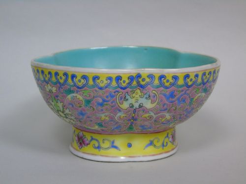 Antique Chinese Trefoil Porcelain Bowl Famille Rose