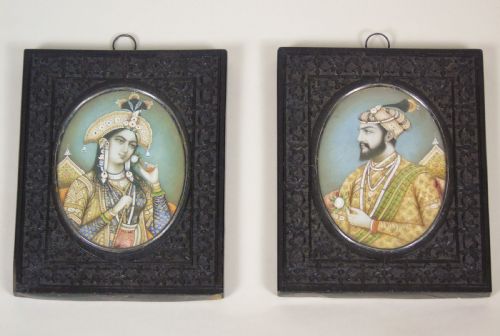Good Pair of Antique Indian Portrait Miniatures Shah Jahan & Mumtaz Mahal
