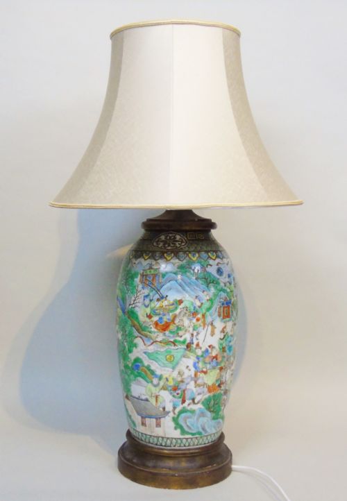 Large 19th Century Chinese Famille Vert Porcelain Lamp