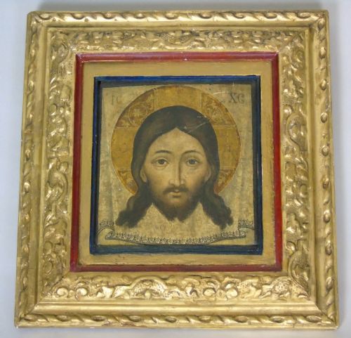 Early Antique Greek Icon Painted on Wood Panel Head of Christ