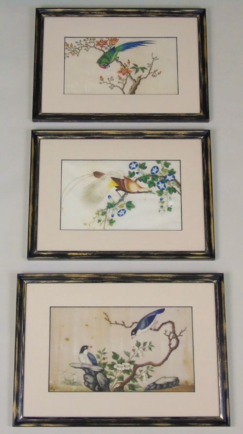 Antique Chinese Pith Painting Birds Set of Three