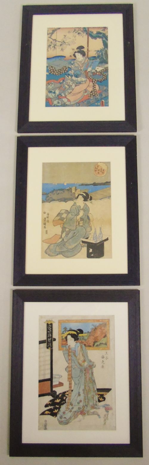 Antique Japanese Woodblock Prints Set of Three