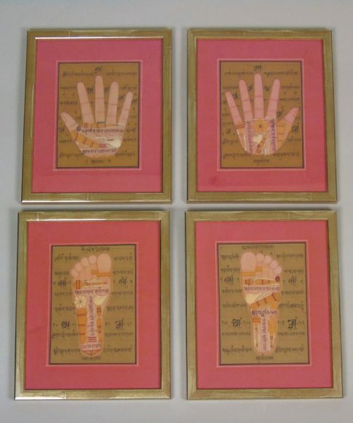 Rare Set of 4 Antique Indian Paintings Palmistry & Solestry