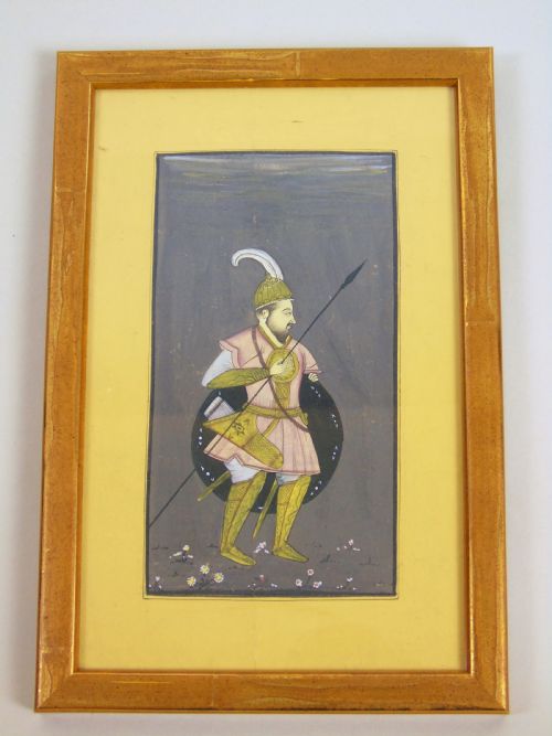 Antique Indian Gouache Painting Mughal Warrior