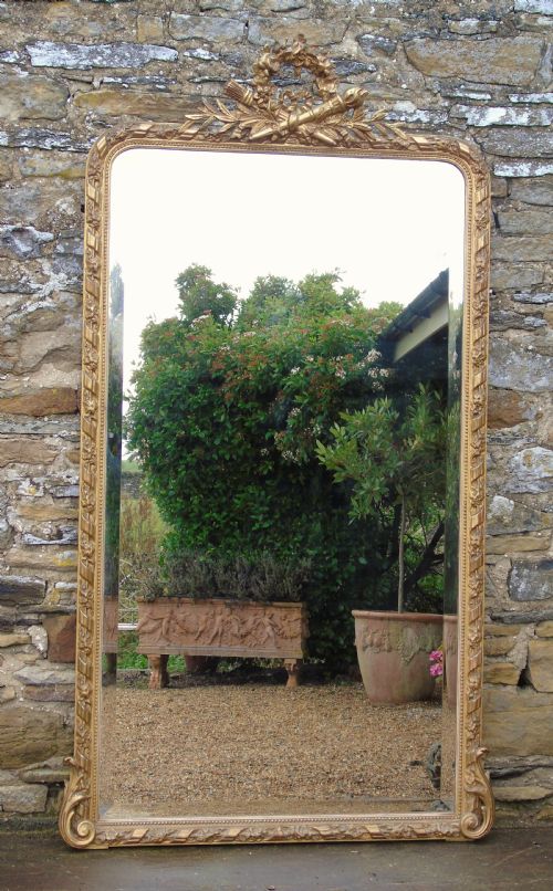 Large Antique French Arch Gilt Mirror with Crest