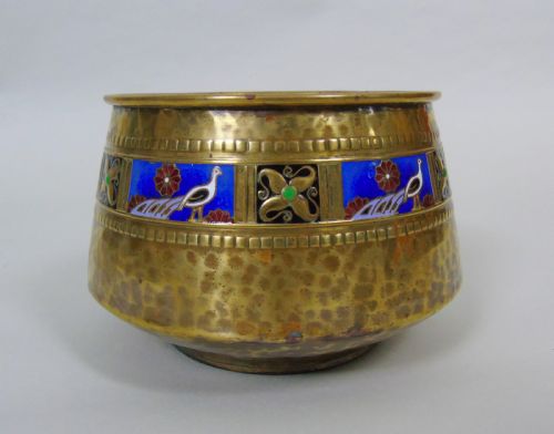 Wmf Art Nouveau Planished Brass & Enamel Planter Jardiniere Albert Meyer
