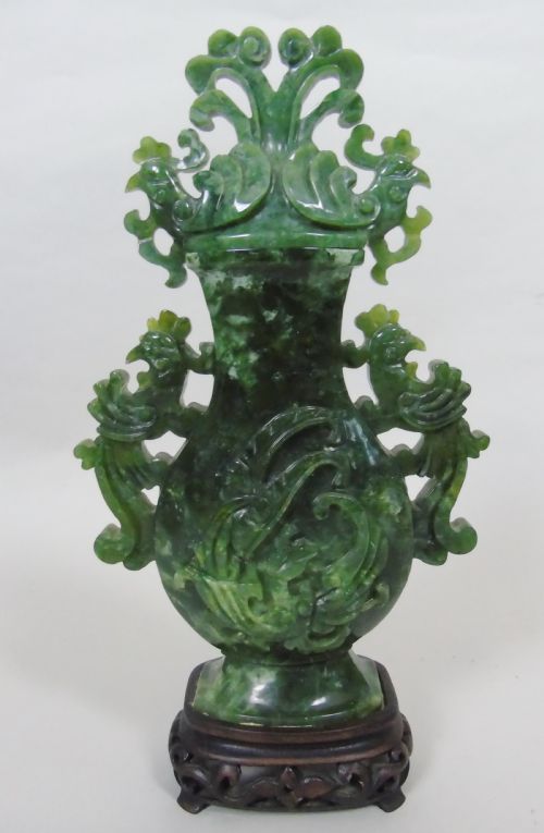 Large Early 20th Century Chinese Spinach Jade Urn & Cover