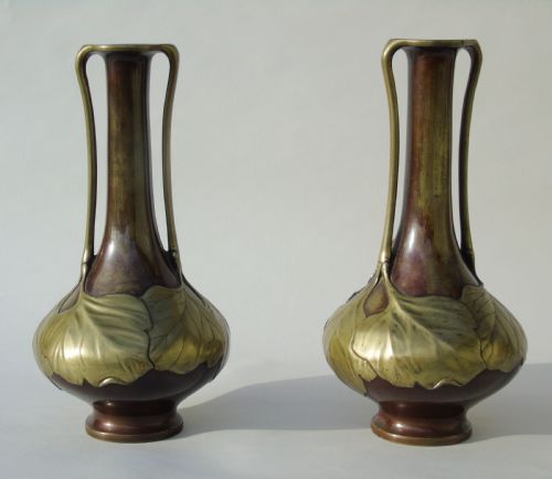 Pair of Signed Japanese Meiji Overlaid Bronze Vases
