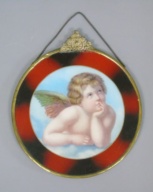 Antique Glass Cherub Wall Plaque Verre Eglomise