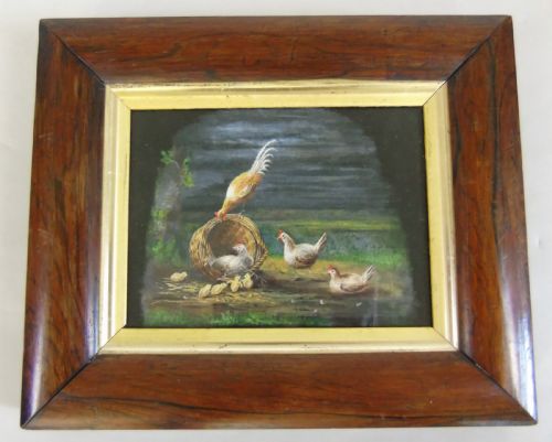 Antique Painting on Silk Chickens 19th Century