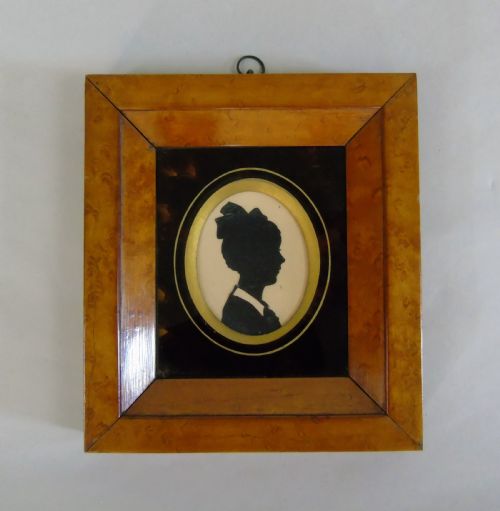 Beautiful Portrait Miniature Silhouette in Burr Walnut Frame