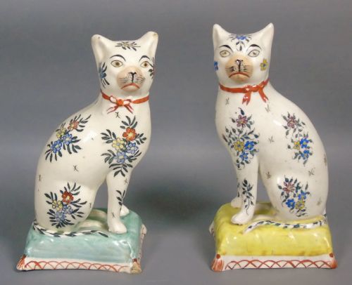 Pretty Pair of Early Victorian Staffordshire Cats on Cushions