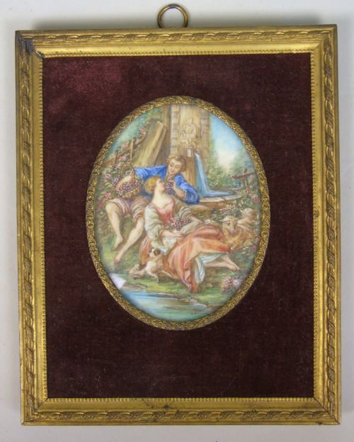 Beautiful Miniature Painting After Boucher Courting Couple
