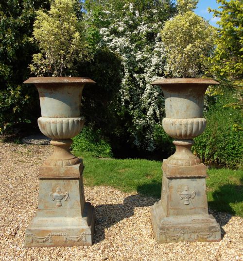 Fine Pair of Large 19th Century Campana Urns on Stands Garden Cast Iron