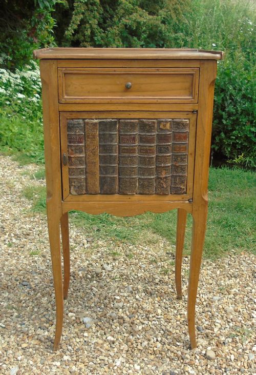 Antique French Fruitwood Bedside Cabinet Leather Book Fronts