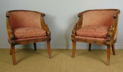 Fine Pair Empire Style Mahogany Armchairs with Carved Swan Arms