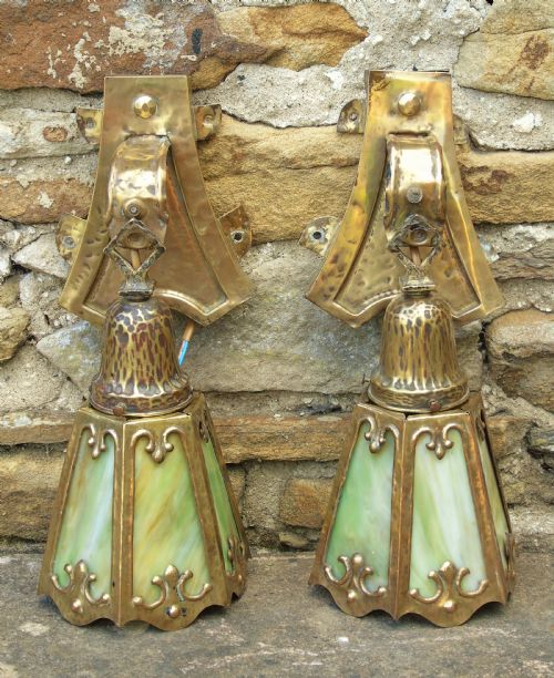 Antique Pair Mission Wall Lights Slag Glass Arts & Crafts