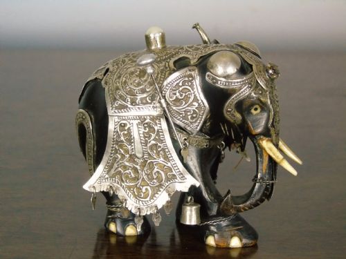 Antique Indian Hardwood Elephant Silver Caparison