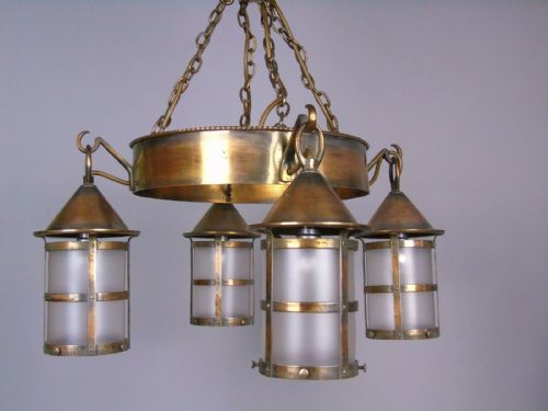 Arts & Crafts Copper Chandelier of Hanging Lantern Design