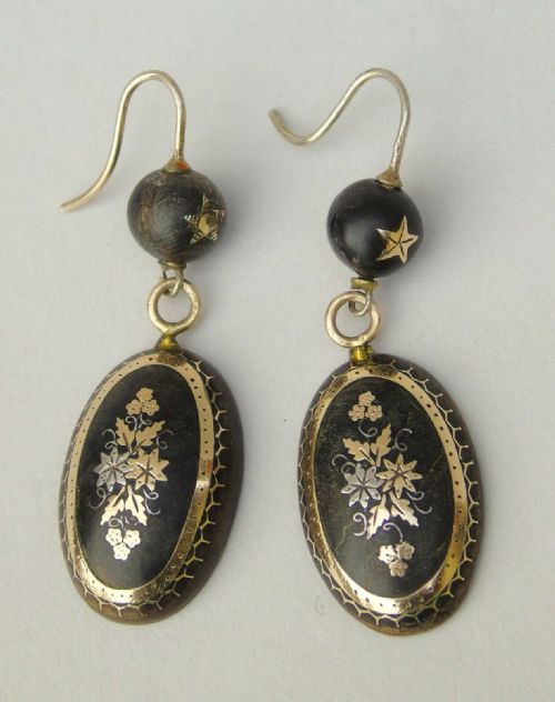 Antique Tortoiseshell Pique Earrings Gold Silver Inlay