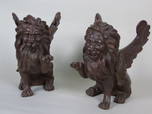 Antique Pair Cast Iron Winged Lions