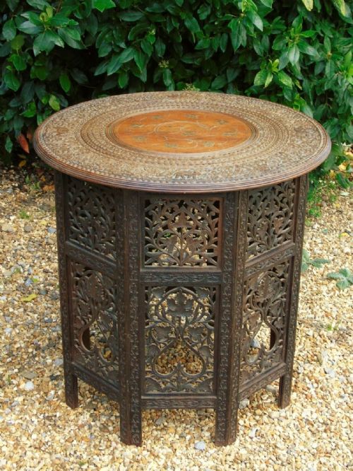 Antique Carved Hardwood Moorish Table Brass Inlay
