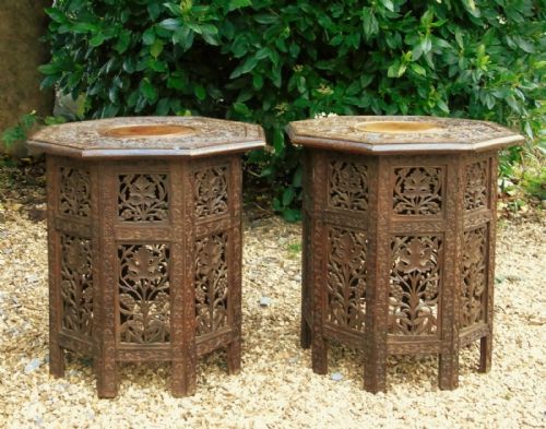 Antique Pair Carved Hardwood Islamic Tables Moorish Liberty