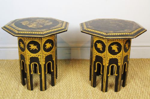 Petite Pair of Antique Gilt and Black Lacquer Syrian Tables