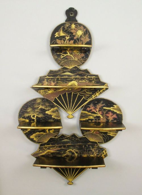 Pretty Japanese Black & Gold Lacquer Wall Display Shelves