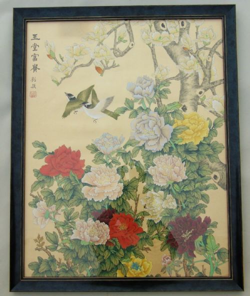 Large Antique Chinese Painting on Silk Chrysanthemums and Birds