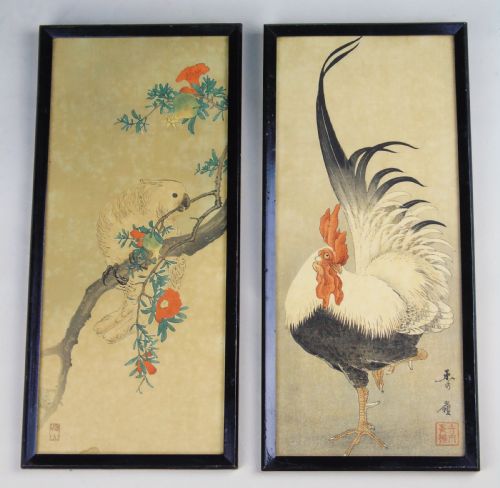 Pair Antique Chinese Signed Woodblock of Cockerel & Cockatoo Nakagawa Shurei