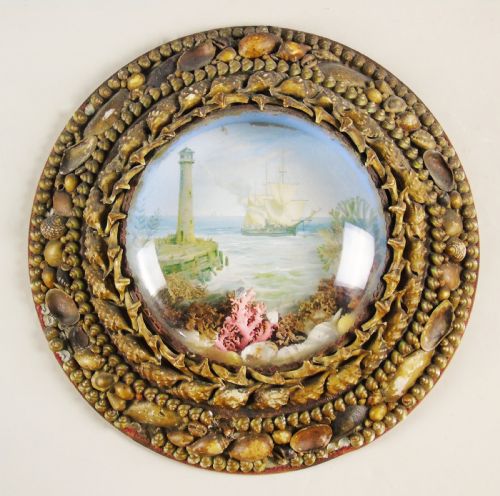 Antique Shellwork Circular Marine Picture Folk Art