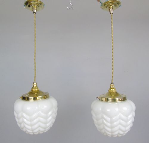 Pair Antique Opaline Glass Pendant Lights
