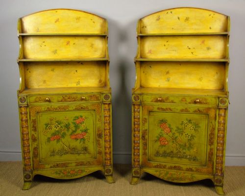 Fabulous Pair of Painted Regency Style Chinoiserie Alcove Bookcase Cabinets