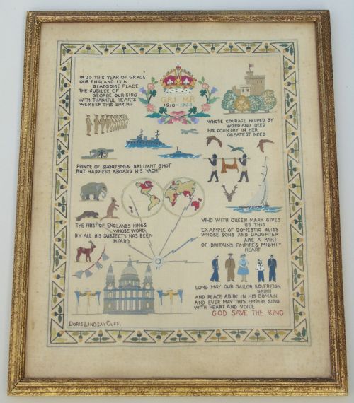Antique Needlework Sampler Embroidery George V Jubilee and Commonwealth