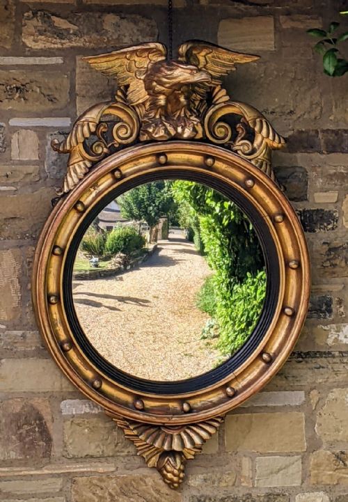 Large Regency Giltwood Eagle Convex Mirror