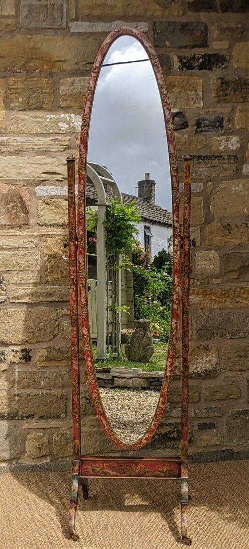 Antique Red Chinoiserie Cheval Mirror