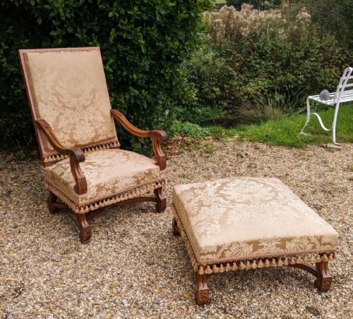 19th Century Charles X Style Walnut Armchair and Footstool
