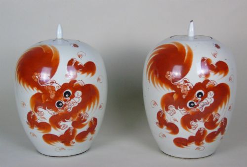 Large Pair Antique Chinese Fo Dog Jars with Covers Qing Period