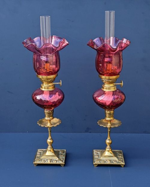 Good Pair of Victorian Cranberry Oil Lamps