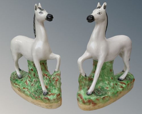 Good Rare Pair Victorian Staffordshire White Horses