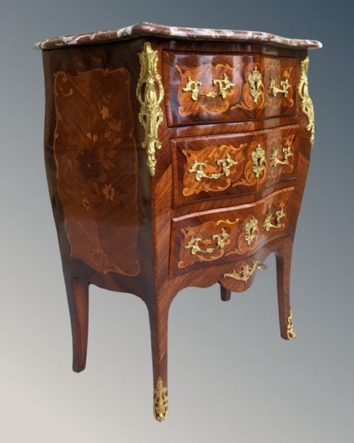 Outstanding French Bombe Commode Chest with Marble Top & Floral Marquetry
