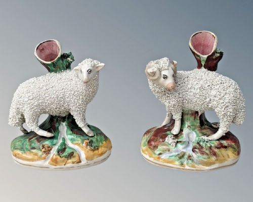 Pair 19th Century Staffordshire Sheep Spill Holder