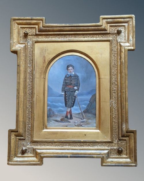 Oil Portrait of Young Irish Boy on Beach Gilt Frame