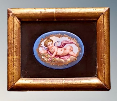 Antique Cherub Porcelain Plaque Framed