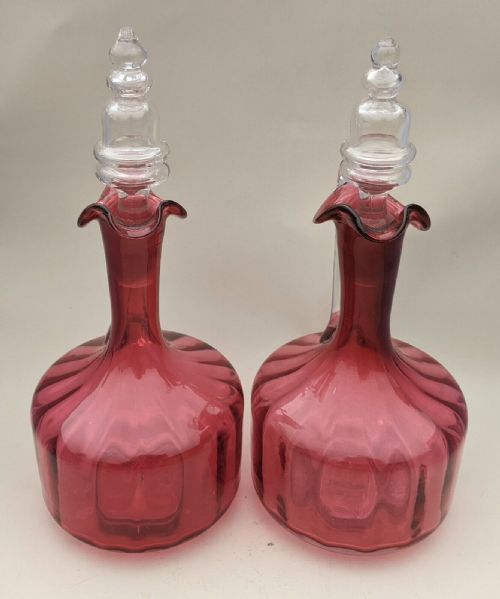 PAIR OF ANTIQUE CRANBERRY GLASS DECANTERS - ADDITIONAL PHOTO 2